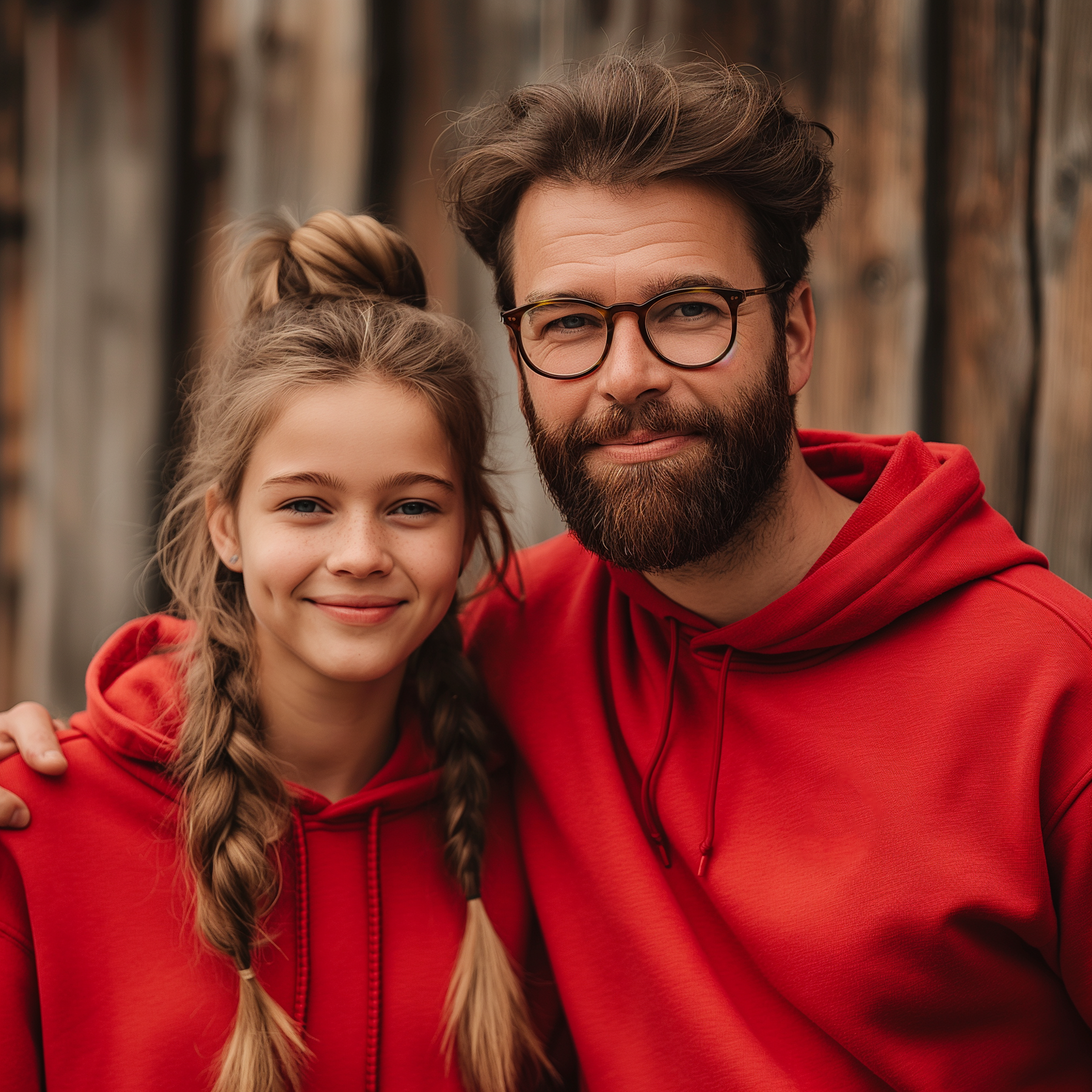 Daughter and dad wearing red hoodies